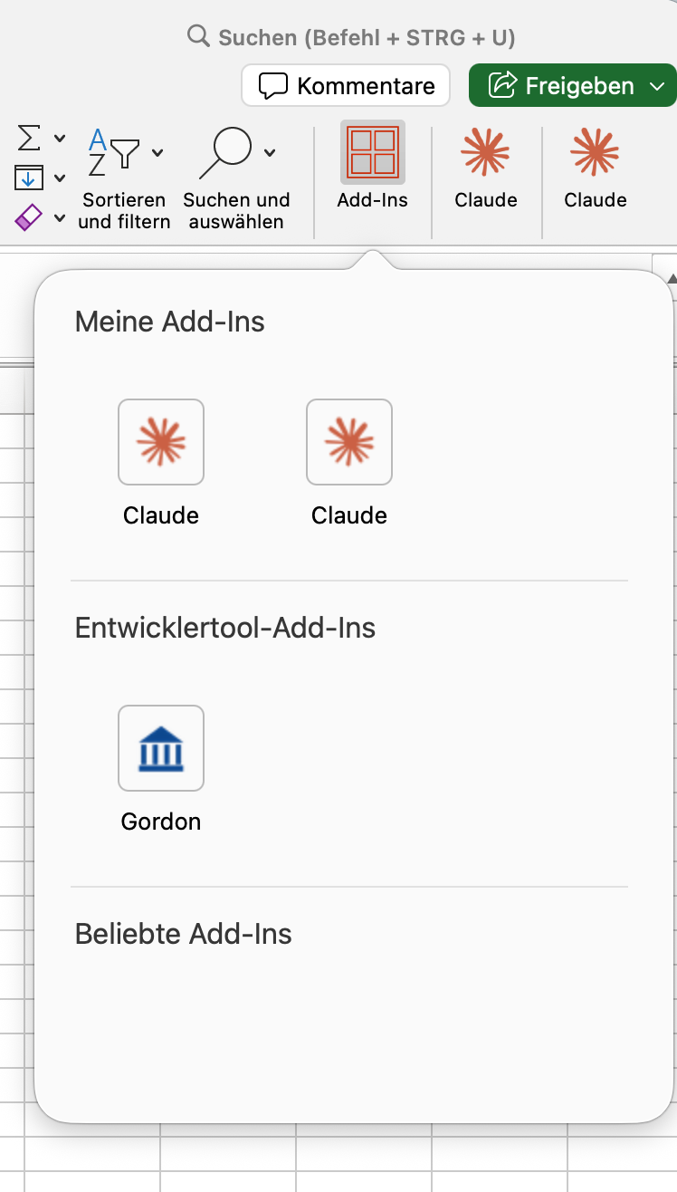 Gordon Add-in im Excel-Menüband (Menü „Add-Ins“)
